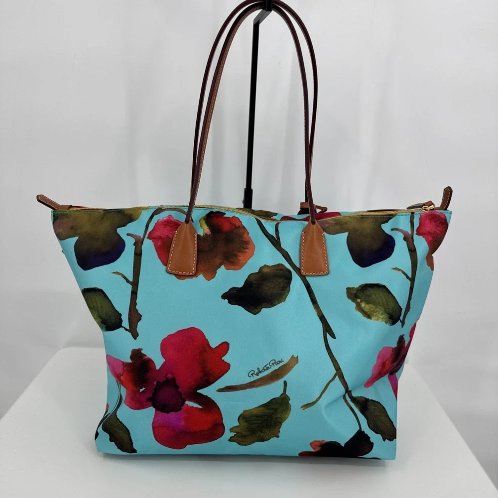 Roberta Pieri Robertina Tote Bag In Teal With Floral Print Overnight Designer
